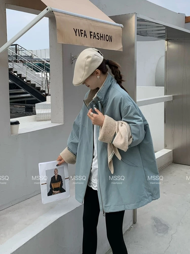 （XI ZI女装）#24F13【衣长76】韩版立领双拉链仿羊羔毛派克羽绒外套