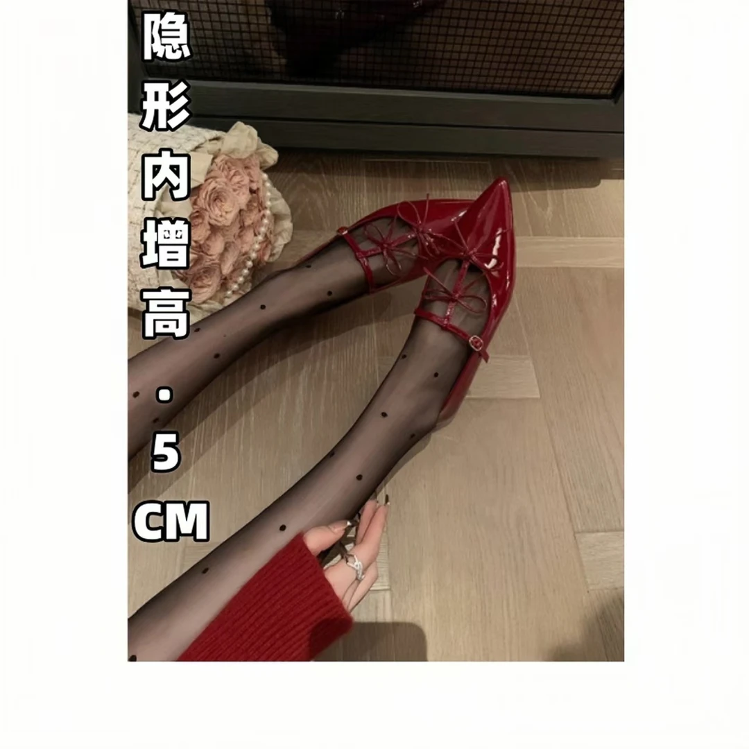 小个子尖头平底玛丽珍鞋浅口蝴蝶结单鞋百搭女鞋红色复古内增高