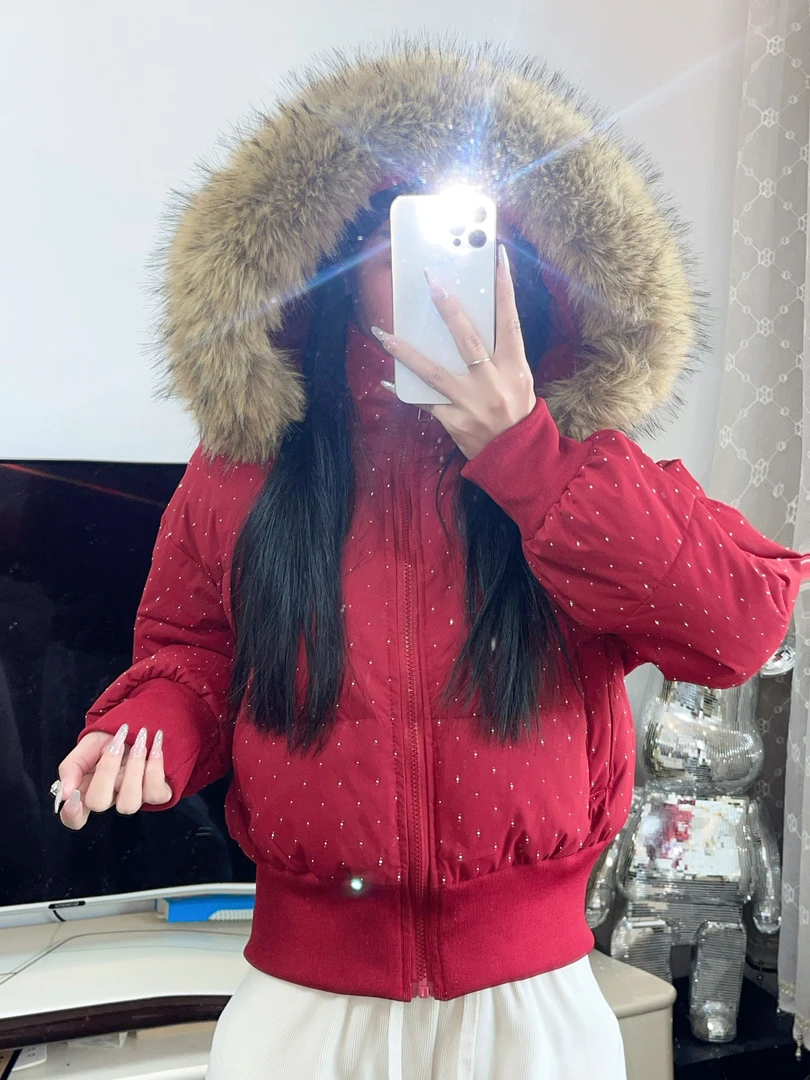 满天星大毛领时尚棉衣外套女短款2025冬季新款加厚保暖休闲棉袄