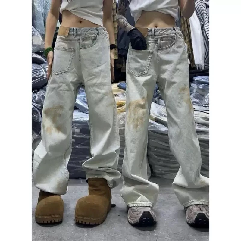 欧货复古做旧脏染牛仔裤女2025年早春爆款大码梨型身材直筒阔腿裤