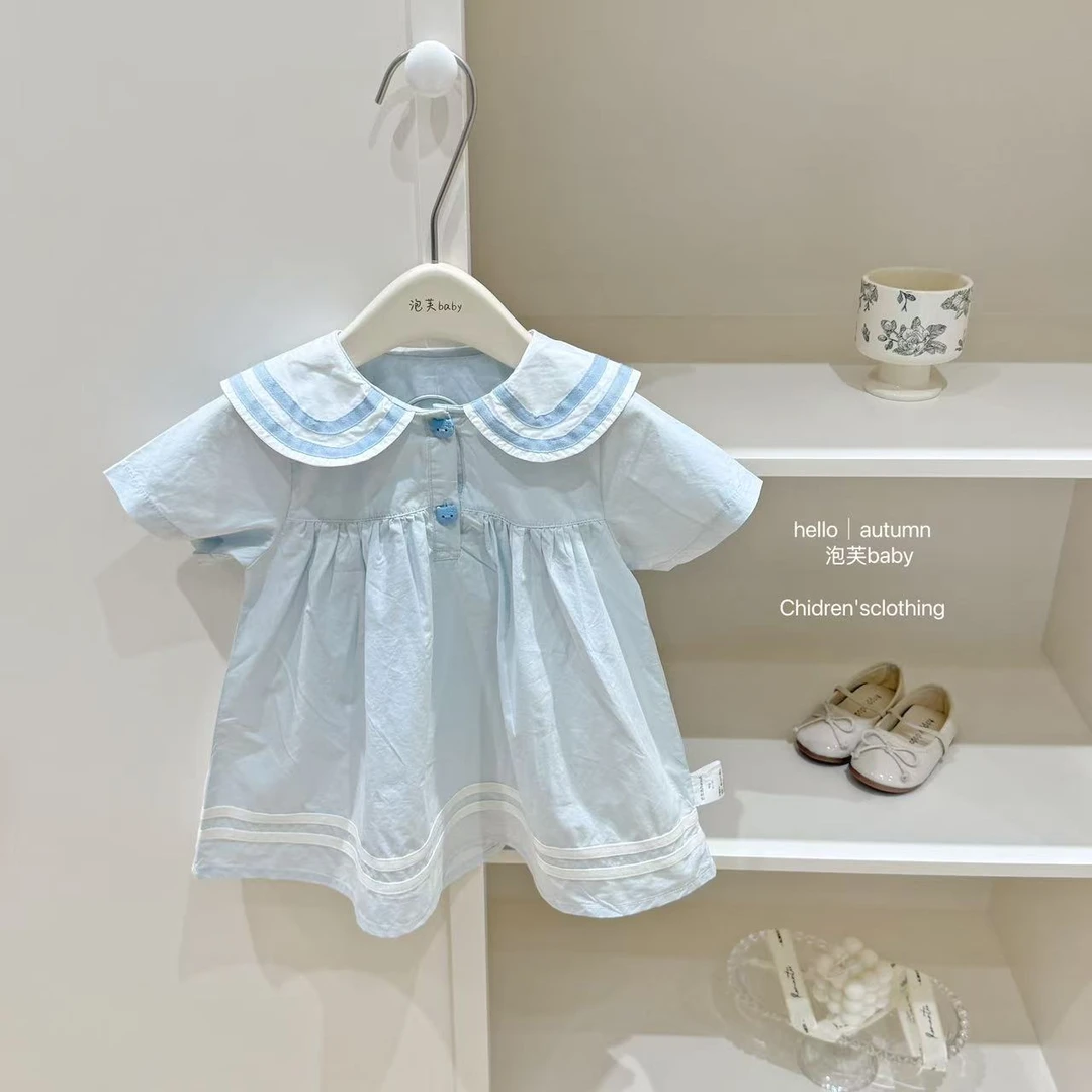 【泡芙baby】2025韩版女童蓝色海军领连衣裙学院风短袖休闲裙