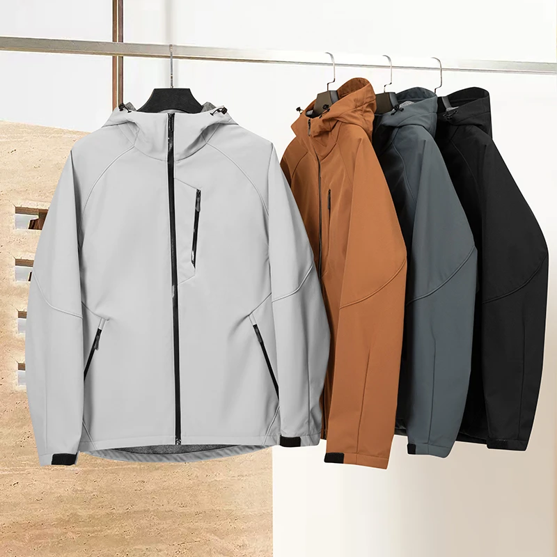 单层春秋季情侣连帽透气男装春秋弹力防水冲锋衣外套男士加绒防风