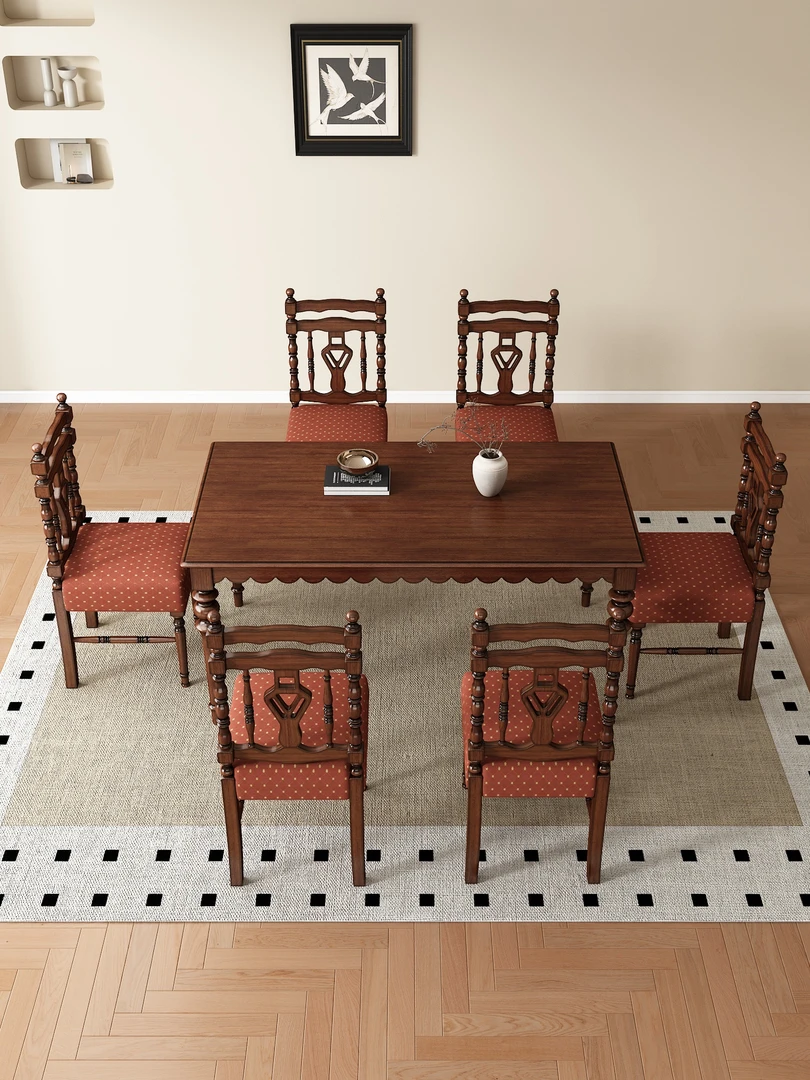 S-01美式法式复古实木方餐桌家用黑胡桃木西餐桌轻奢中古风家具