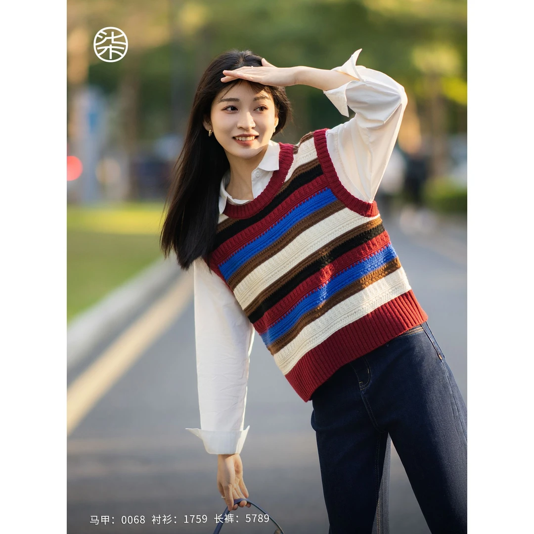 【柒量一裁】0068小个子软糯羊毛彩条毛织马甲女外穿洋气高级感上衣