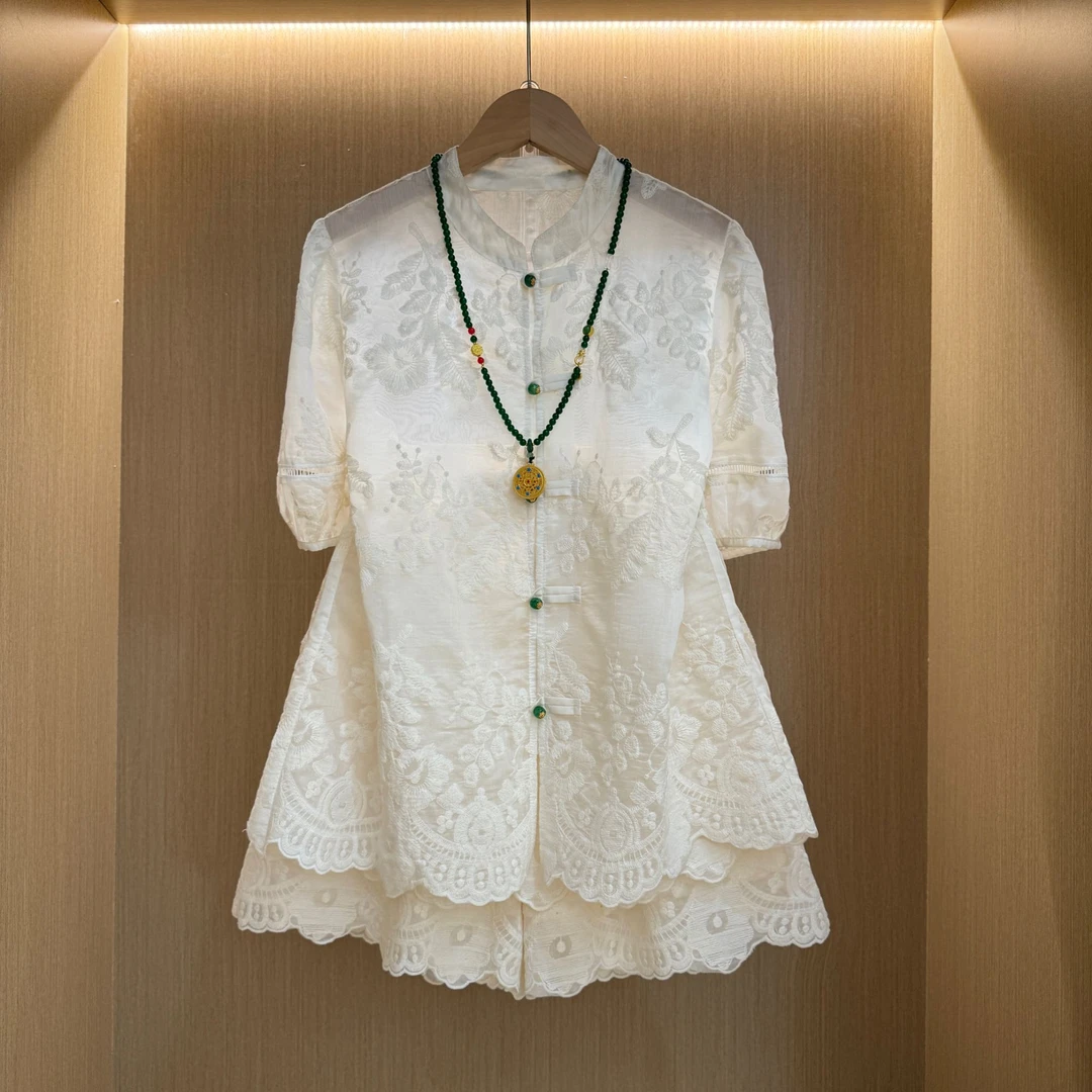 2025夏季新款新中式国风莱赛尔天丝重工刺绣短袖上衣女828#