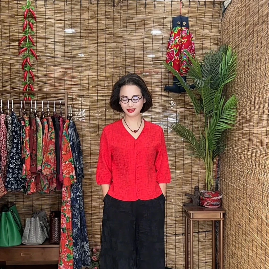 〈夏韵〉2530提花棉花纹开襟分袖夏季百搭V领休闲单件上衣时尚妈妈