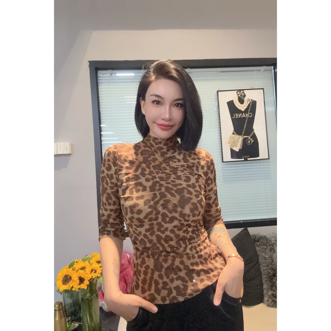 SONG-原创上衣【夜豹悠悠】新款捏褶气质时尚百搭修身显瘦七分袖