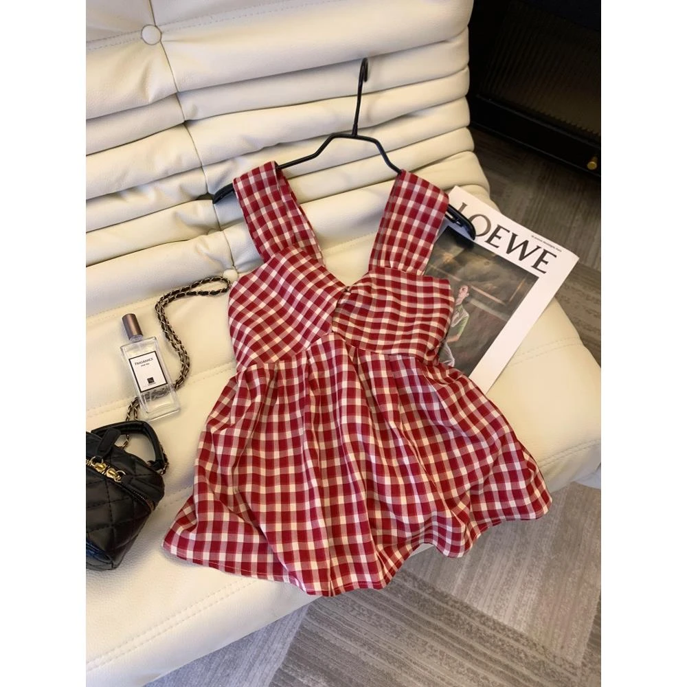 多巴胺红色格子吊带背心女2025夏季法式裙摆娃娃衫甜辣无袖小上衣