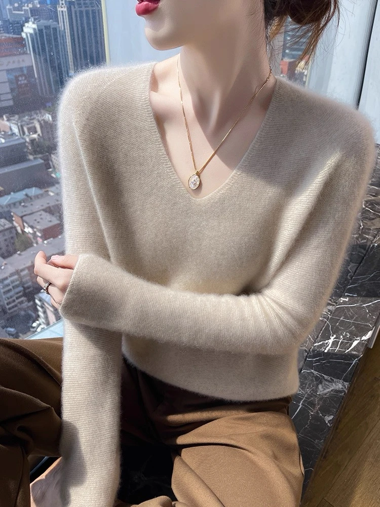 鄂尔都市牧王羊绒衫女无缝一线成衣V领宽松显瘦打底衫针织毛衣
