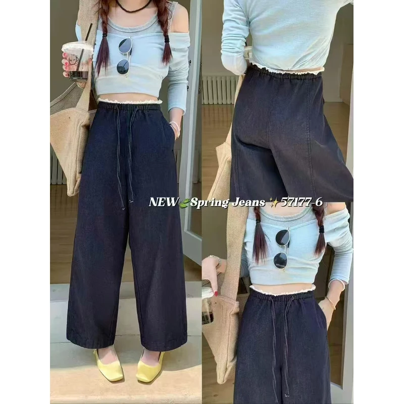 【锦衣服饰】LK  11926蕾丝花边腰抽绳九分牛仔直筒裤