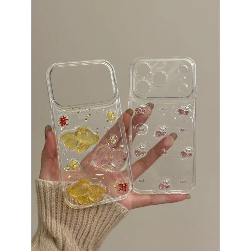 高级感粉钻樱桃金箔金鱼发财暴富适用于iphone17promax苹果手机壳