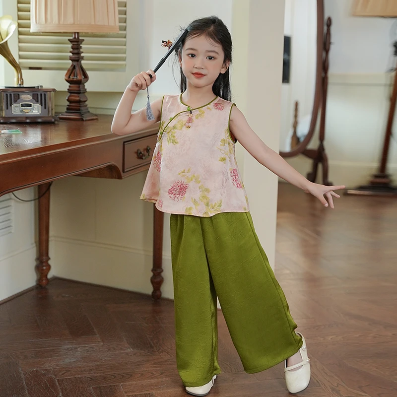 80770汉服女童新中式套装夏季2025新款古装国风背心阔腿裤两件套