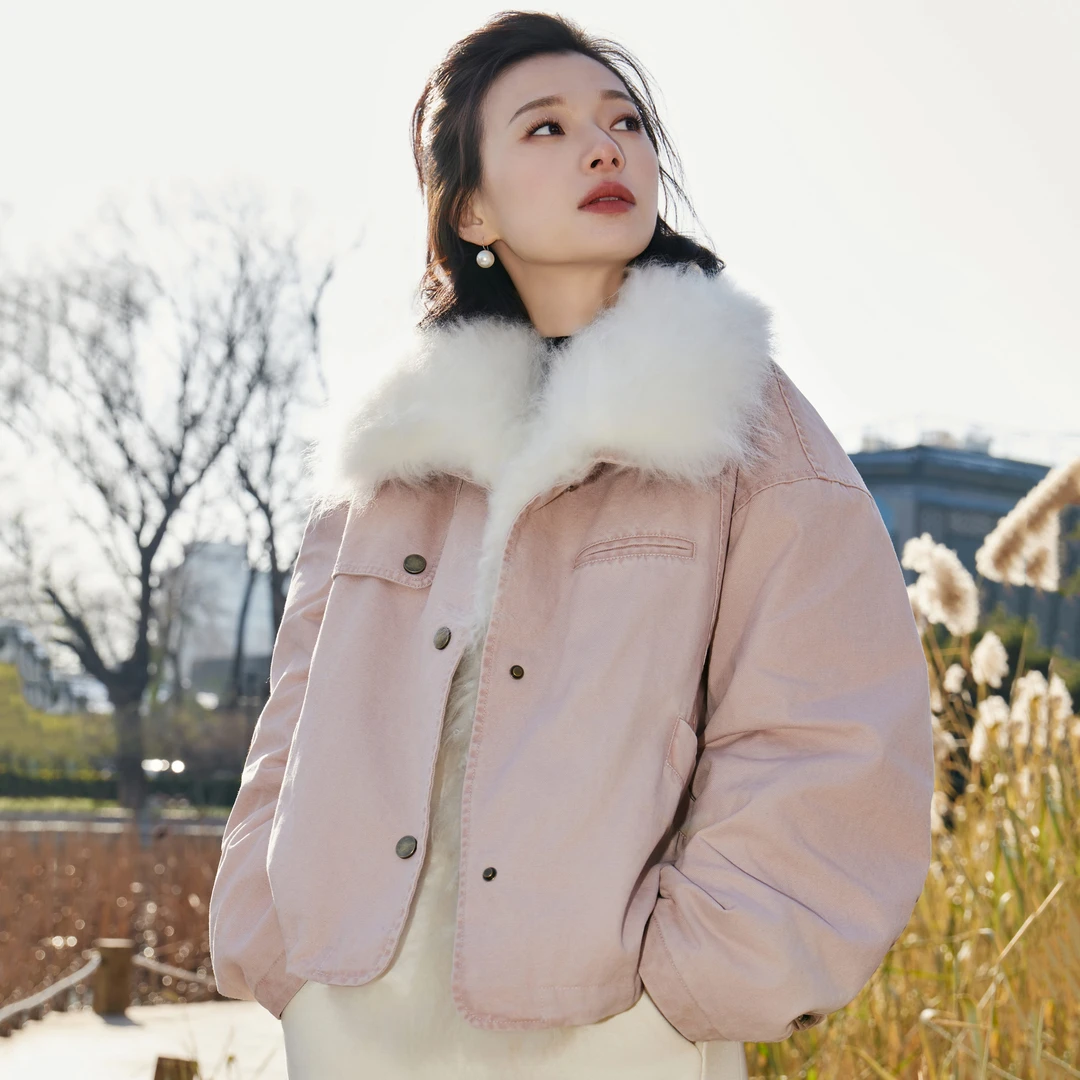 西子/85白鹅绒羊皮毛领皮草抽绳减龄外套/YRYF0487