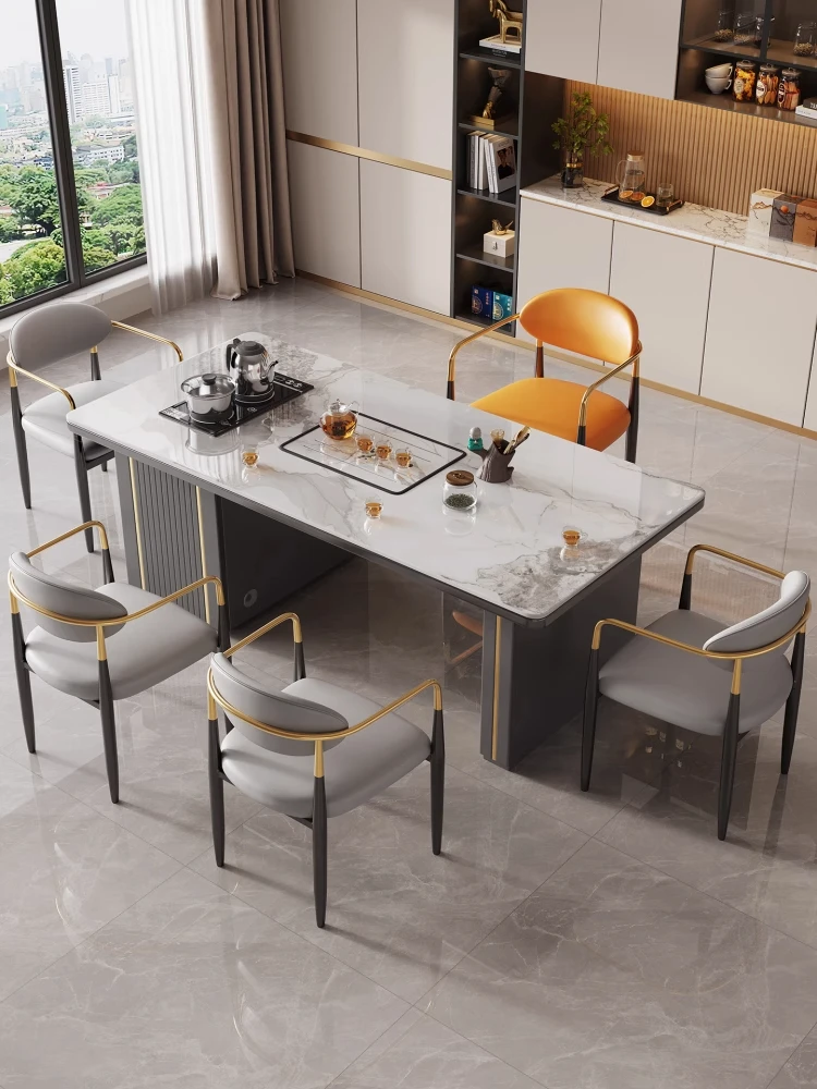 轻奢简约现代岩板茶桌客厅阳台自动烧水多功能茶台家用办公泡茶桌