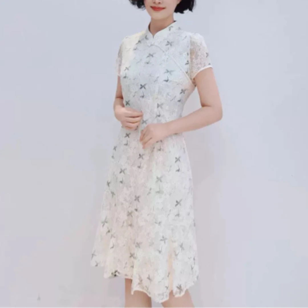 MBC322006连衣裙优雅裙子蕾丝碎花时尚气质修身夏季中国风