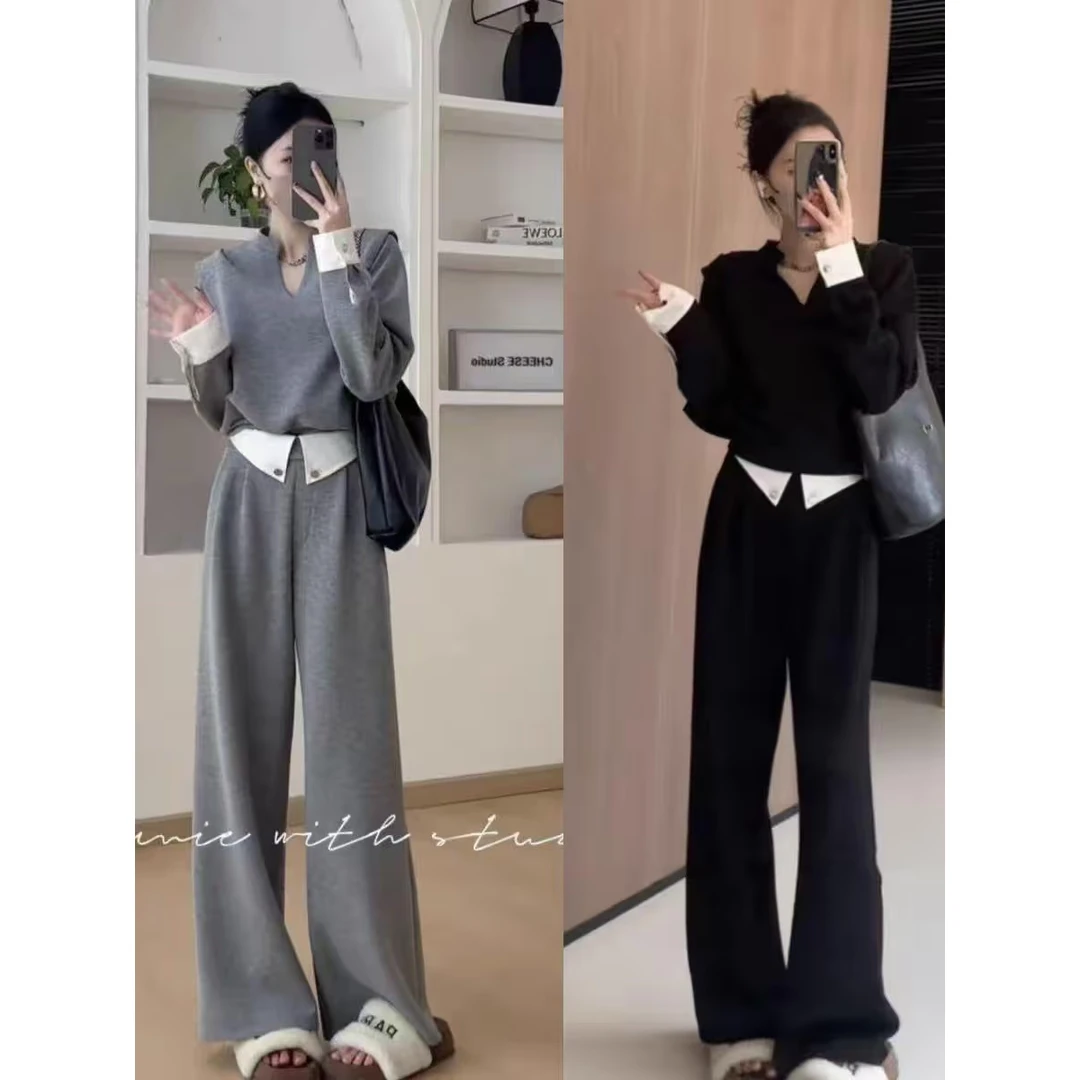 时尚套装女小香风2024秋季长袖V领拼接气质上衣高腰休闲裤两件套