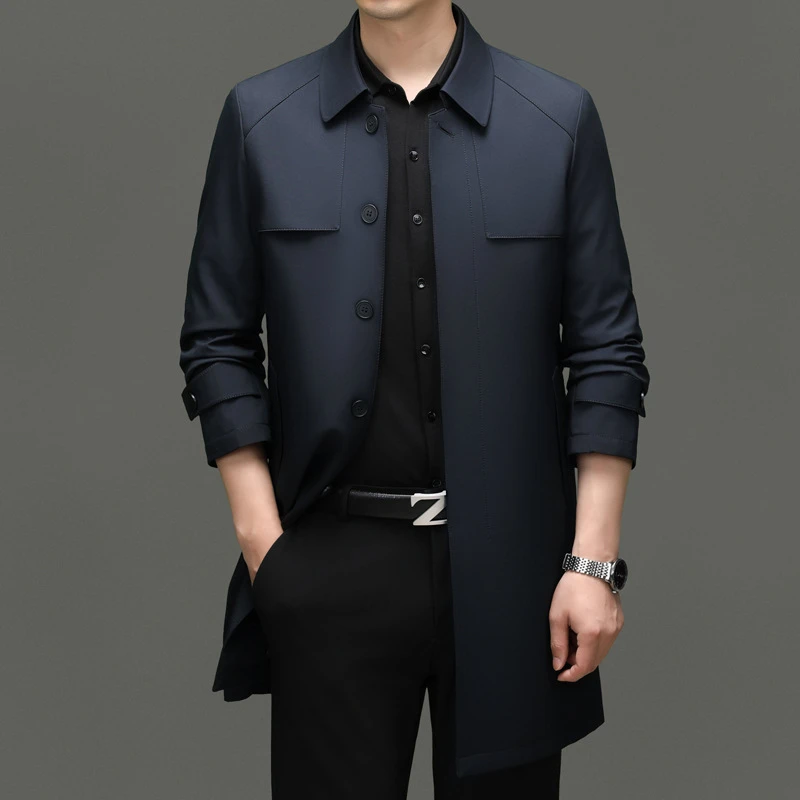 中长款男士风衣秋冬新款中年商务休闲单排扣纯色翻领外套大衣