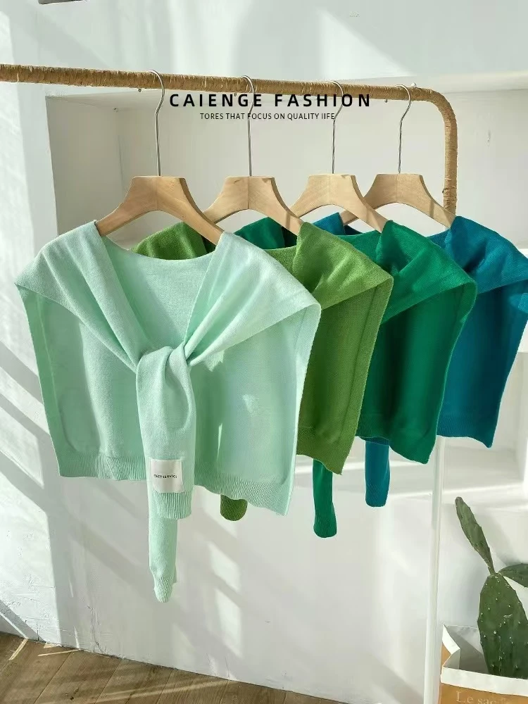 韩系纯颜色针织小披肩春秋