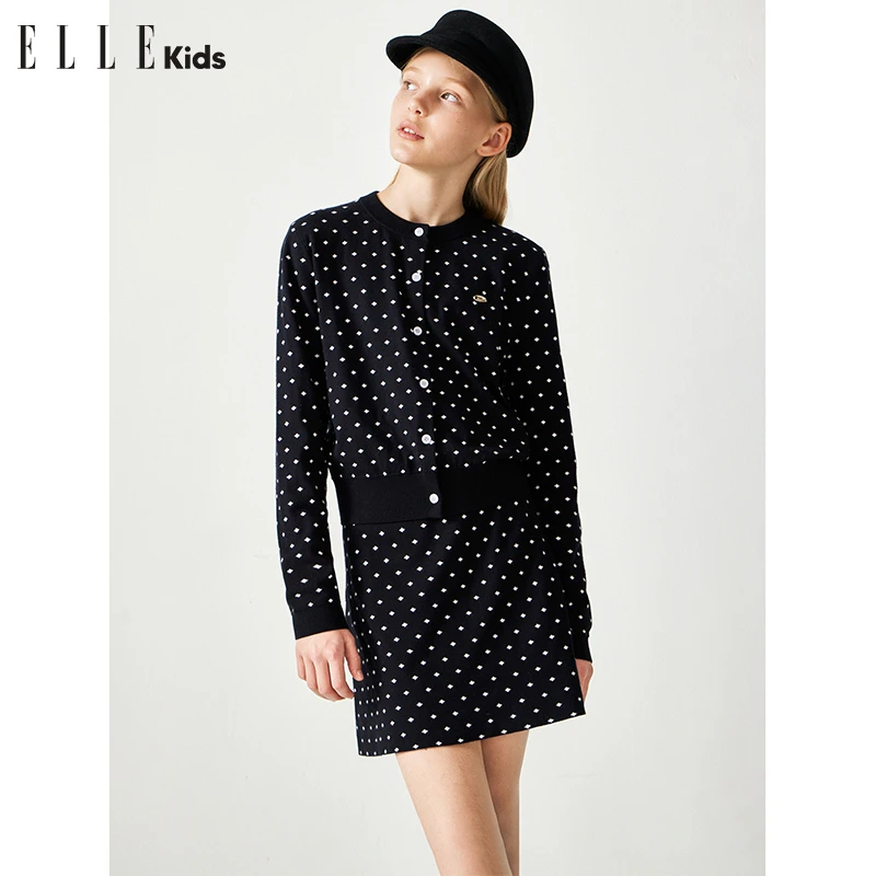 ELLE KIDS复古波点提花时髦针织套装春秋季毛衣开衫+A字裙C1