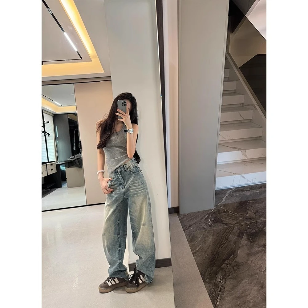 美式蓝色磨白破洞阔腿牛仔裤女2025夏季设计感百搭宽松直筒拖地裤