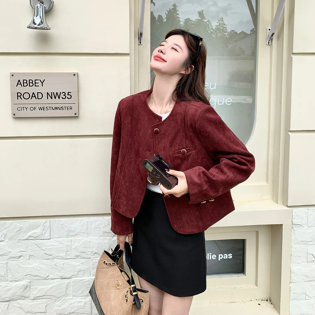 安可拉红麂皮绒短外套女款秋2025新款小个子流行爆款圆领夹克上衣