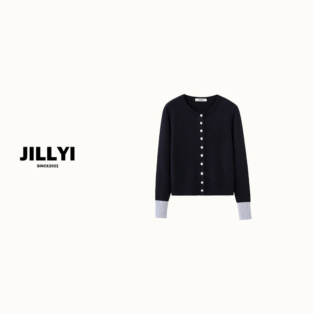 JILLYI珠海店【韩系撞色】藏蓝色圆领单排扣极简风秋季百搭针织开衫