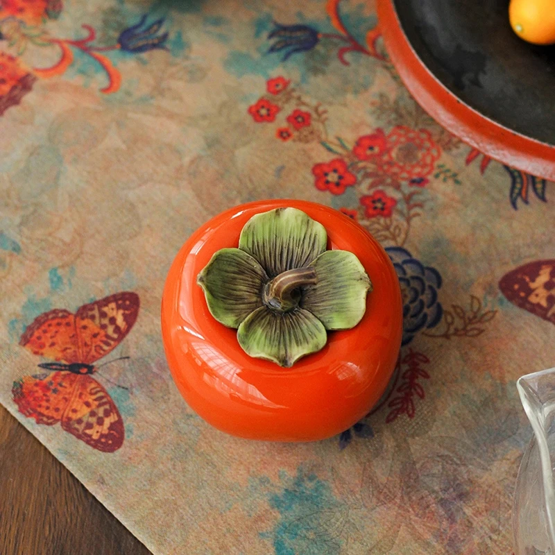 柿柿如意色釉茶叶罐陶瓷柿子迷你茶叶包装密封醒茶罐仿真小号摆件