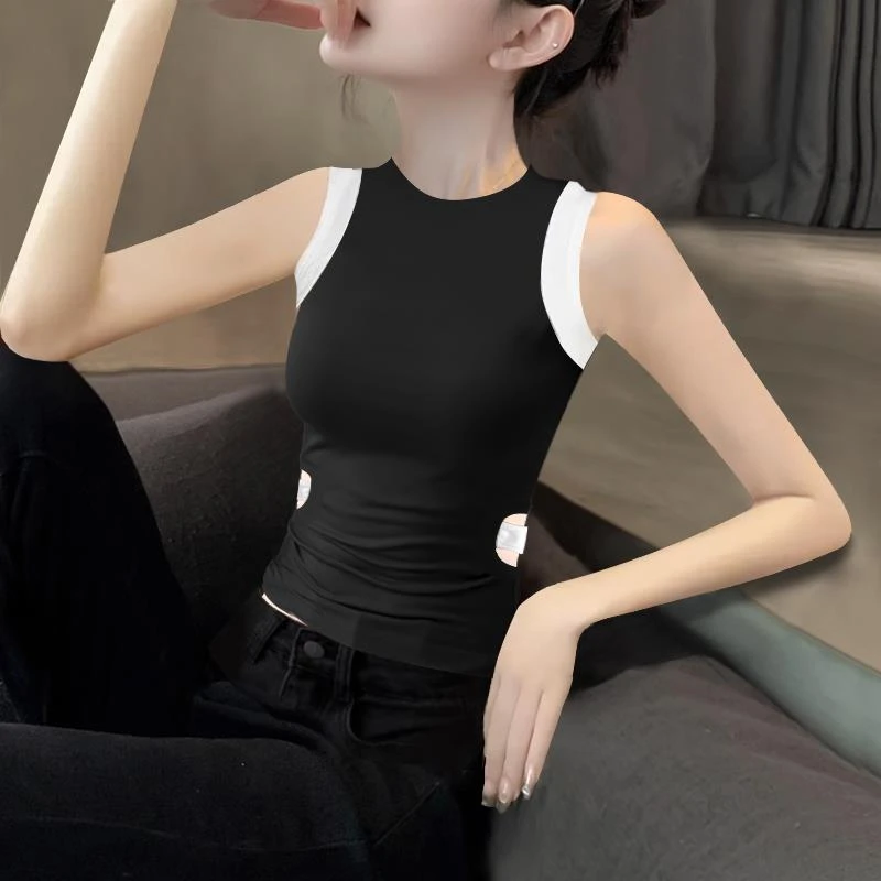 2025新款夏季黑色圆领无袖背心吊带女打底内搭外穿紧身设计感上衣