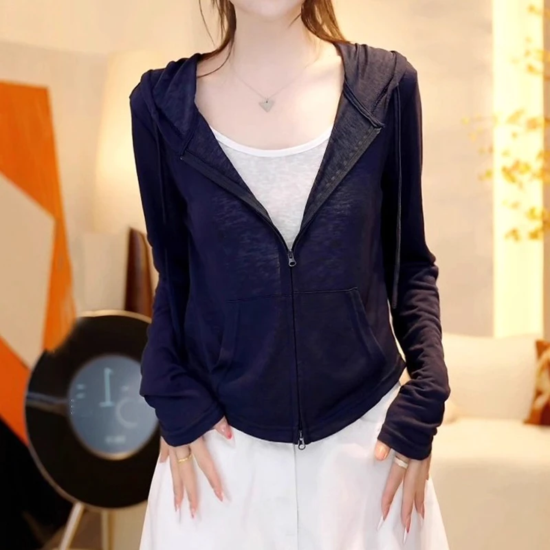 韩系休闲长袖防晒T恤女夏季薄款胖MM大码女装假两件修身连帽上衣