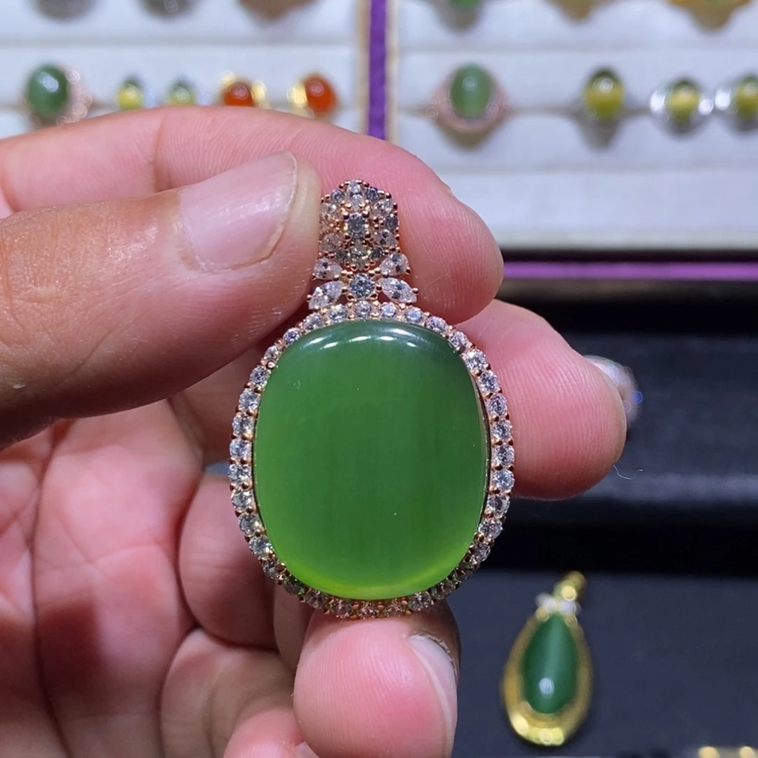 吊坠(不含链)银S925镶嵌和田玉（碧玉）