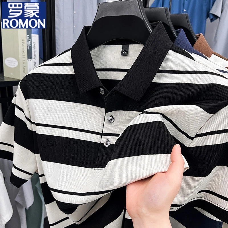 Romon/罗蒙男士polo衫高级宽松韩版条纹翻领短袖商务休闲潮流t恤