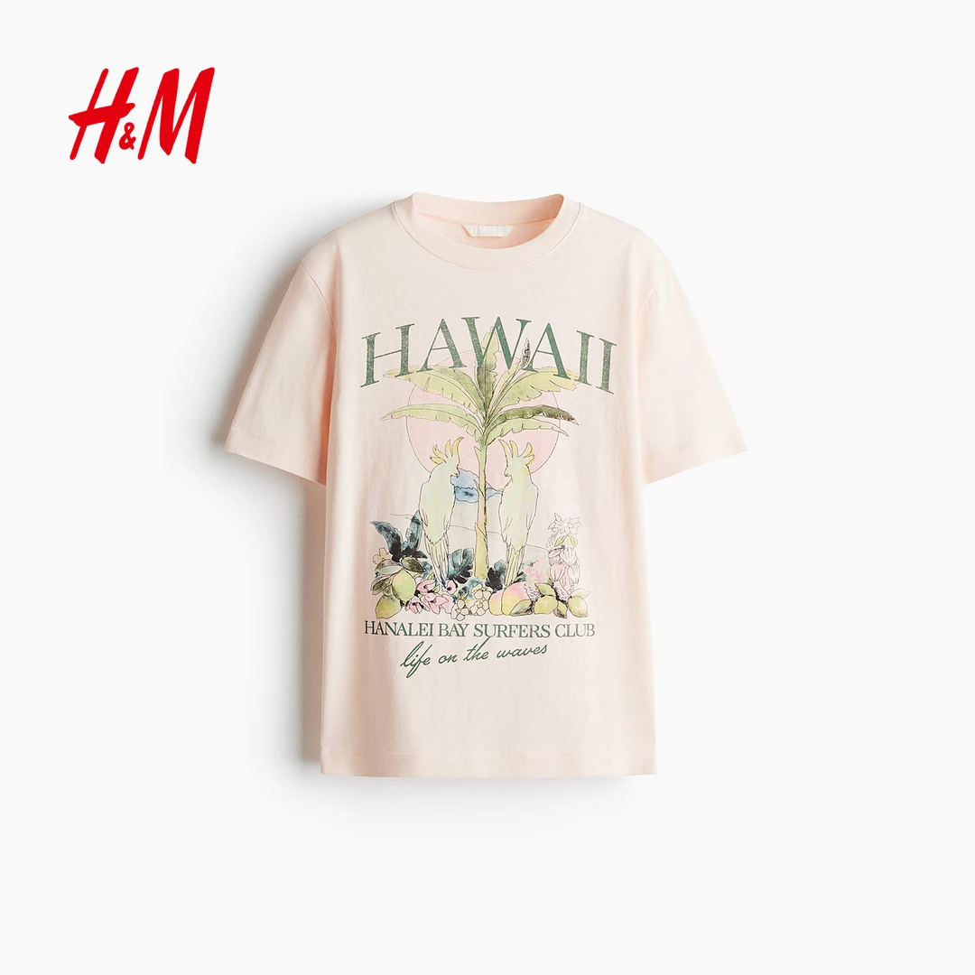 HM女装T恤2025夏季新款印花宽松美式流光风圆领短袖上衣1293967