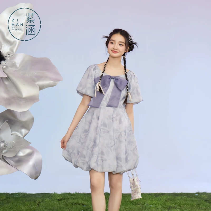紫涵泡泡袖方领花苞裙夏季甜美收腰印花连衣裙Z4Z04BS384