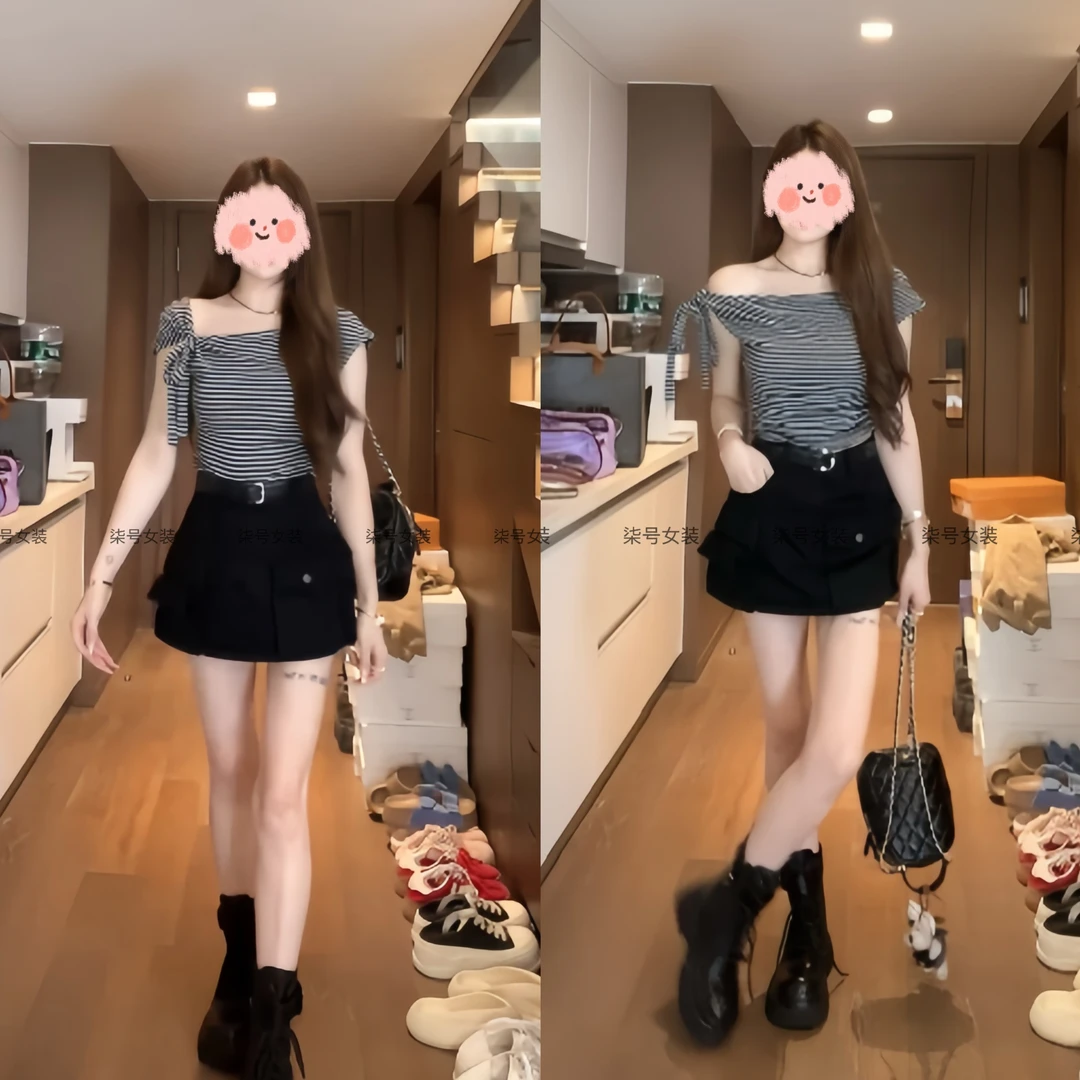 2025夏季新款时尚纯欲慵懒风松弛感条纹上衣百搭修身牛仔半裙套装