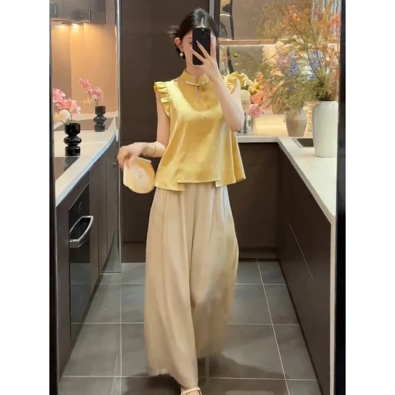 2025超火夏装一整套大方得体穿搭新中式黄色国风上衣两件套装裤女