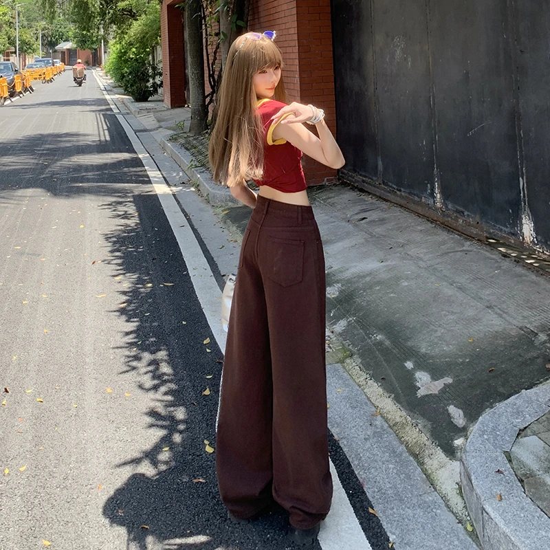 2025秋装#美式深咖色阔腿牛仔裤女美拉德穿搭宽松休闲直筒拖地裤