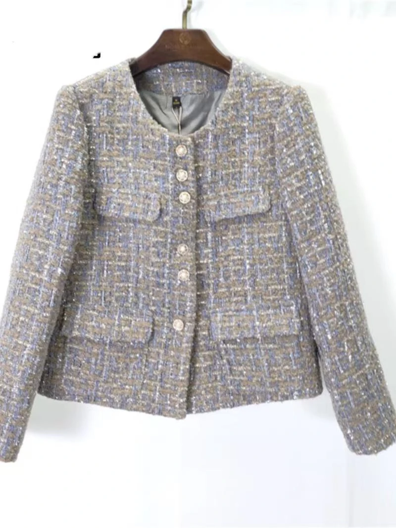 【D208】秋季新款时尚百搭小香风外套显瘦粗纺圆领长袖上衣