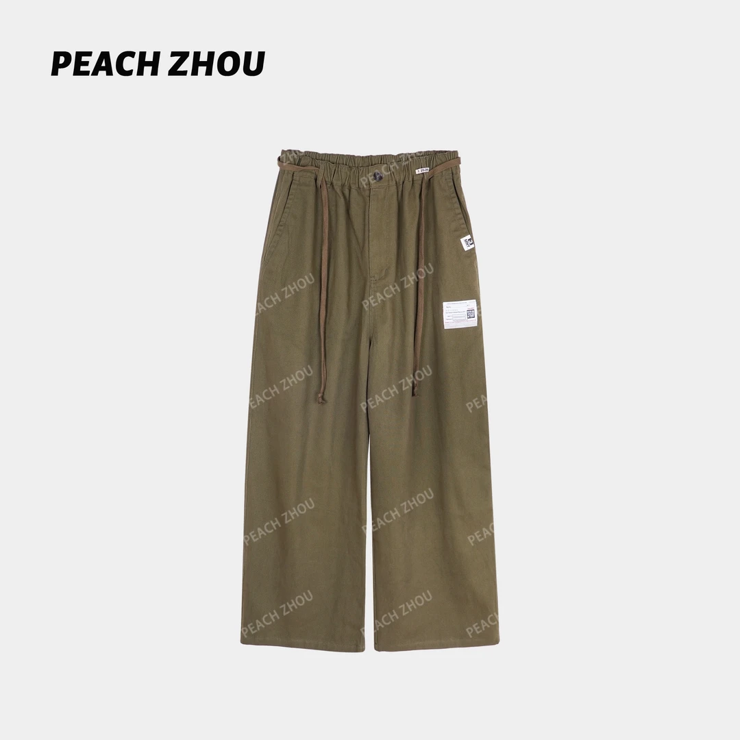 『PEACHZHOU』贴布绣工装系带松紧腰宽松直筒休闲裤复古洋气阔腿裤