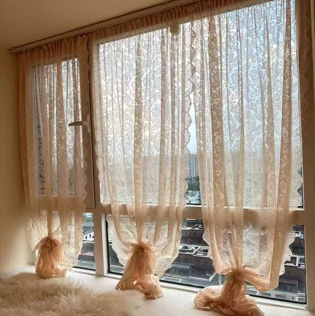 1103米色蕾丝铆钉纱帘宽3米高度1.9米挂钩款