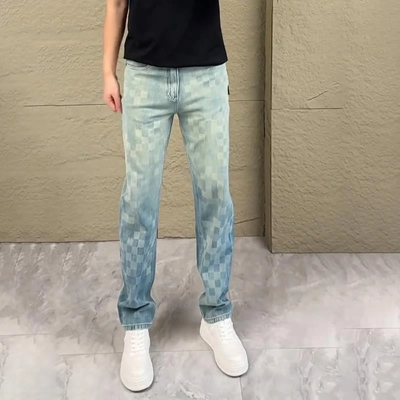 轻奢男装大码男士时尚秋冬新款直筒休闲裤设计感马赛克牛仔裤宽松