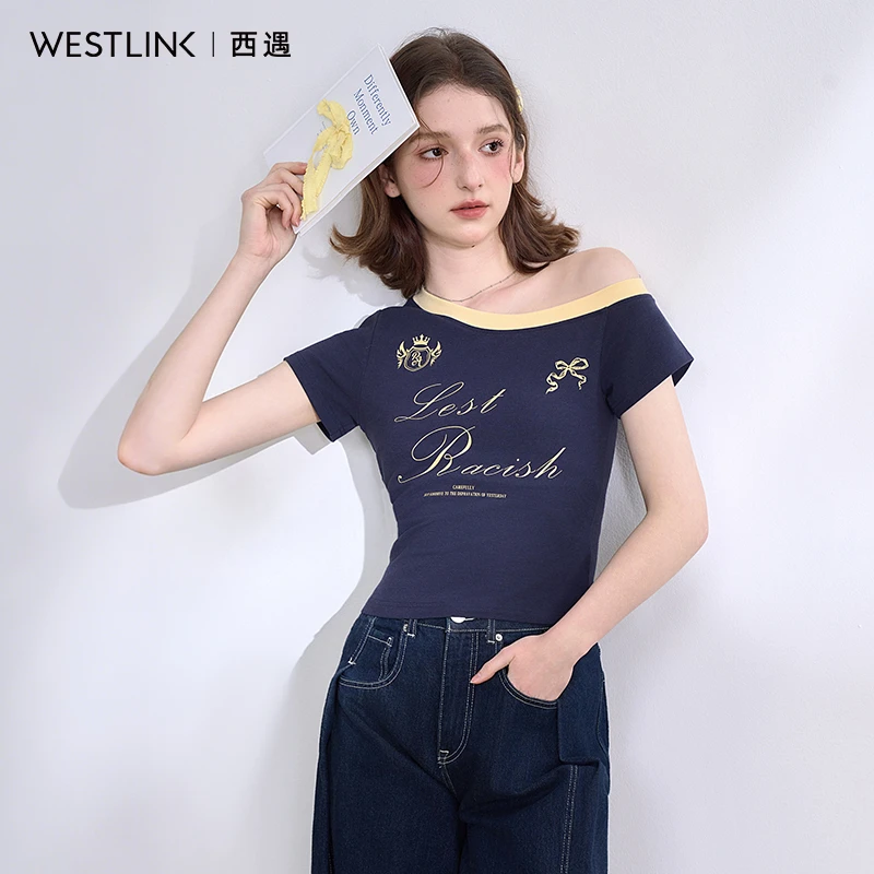 【美式复古辣妹】设计感斜肩短袖T恤女2025春夏印花上衣