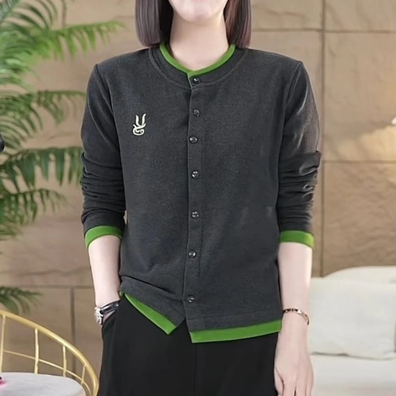 2025圆领低领双面德绒柔软假两件扣子开衫拼色女士打底衫上衣卫衣