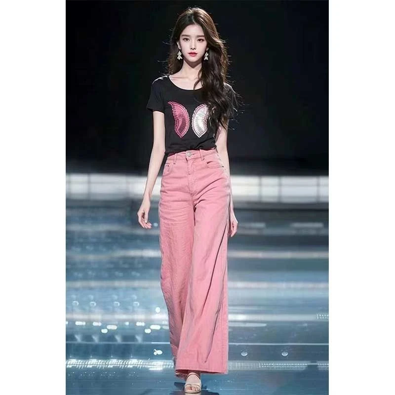 官图 2025夏季穿搭一整套时尚休闲气质通勤风黑色T恤裤子两件套装