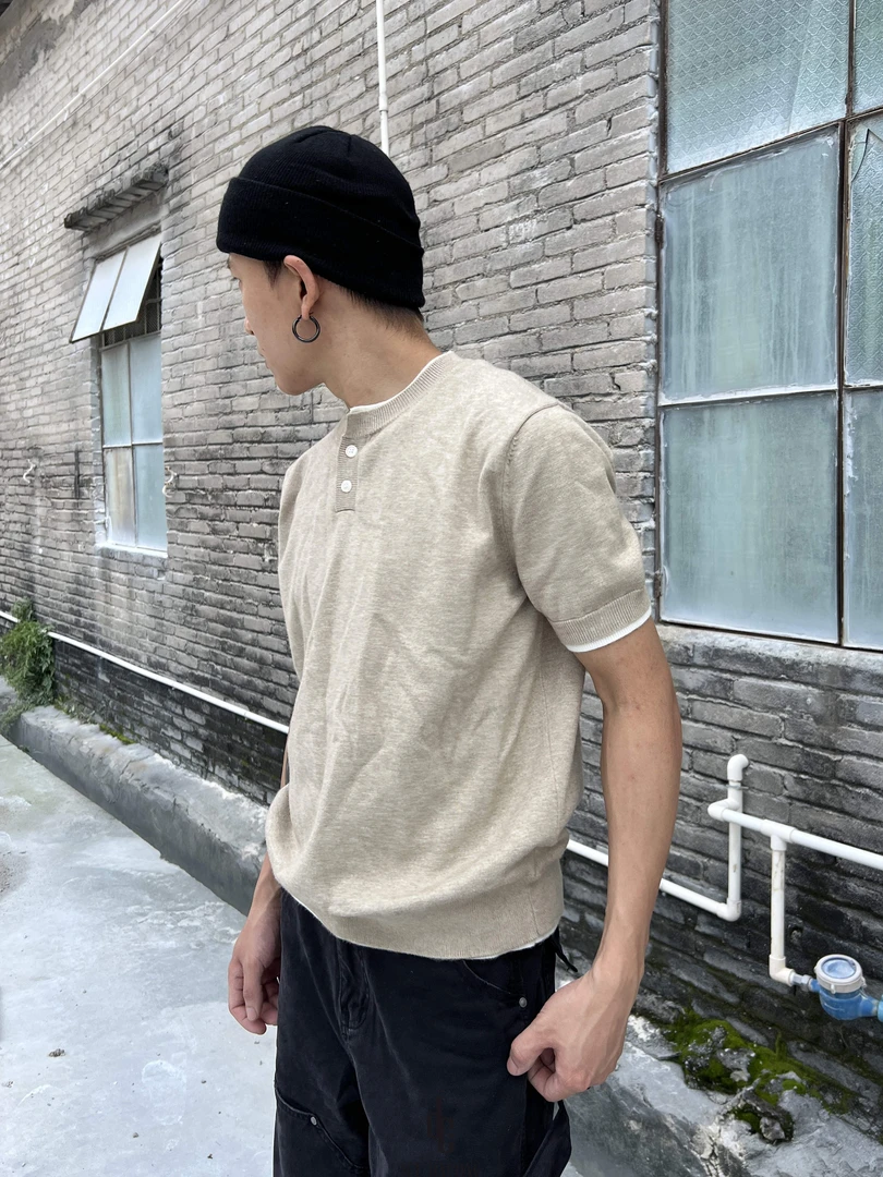 大葱复古老钱风亨利领针织短袖男女cleanfit假两件拼接正肩t恤夏