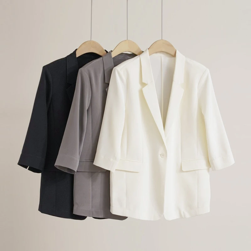 28姆米重磅桑蚕丝七分袖弹力真丝女士气质通勤风西装外套（250792）