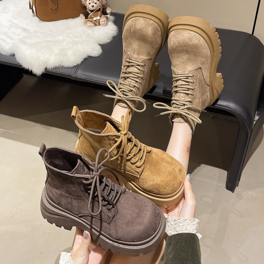 【专柜版】复古磨砂翻毛皮面英伦风马丁靴女2025秋网红爆款系带短靴
