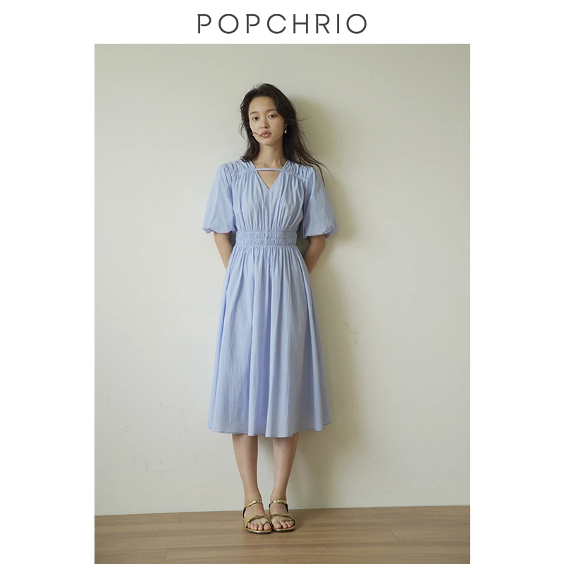 POPCHRIO欧可芮温柔V领蓝色法式收腰连衣裙司马克抽皱长裙