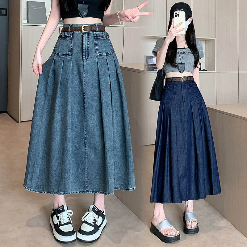 壹黛xiyi2025夏复古水洗磨白贴布大码牛仔女新款松紧腰宽松半身裙