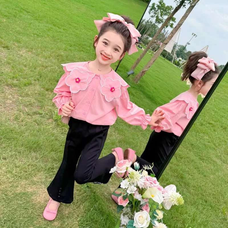 2025春季新款女童花朵领衬衫女孩洋气时髦甜美上衣