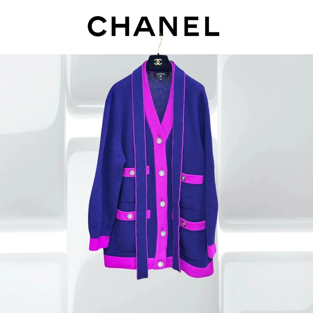 99新 Chanel/香奈儿 40码23B蓝色拼紫色四口袋长款针织开衫